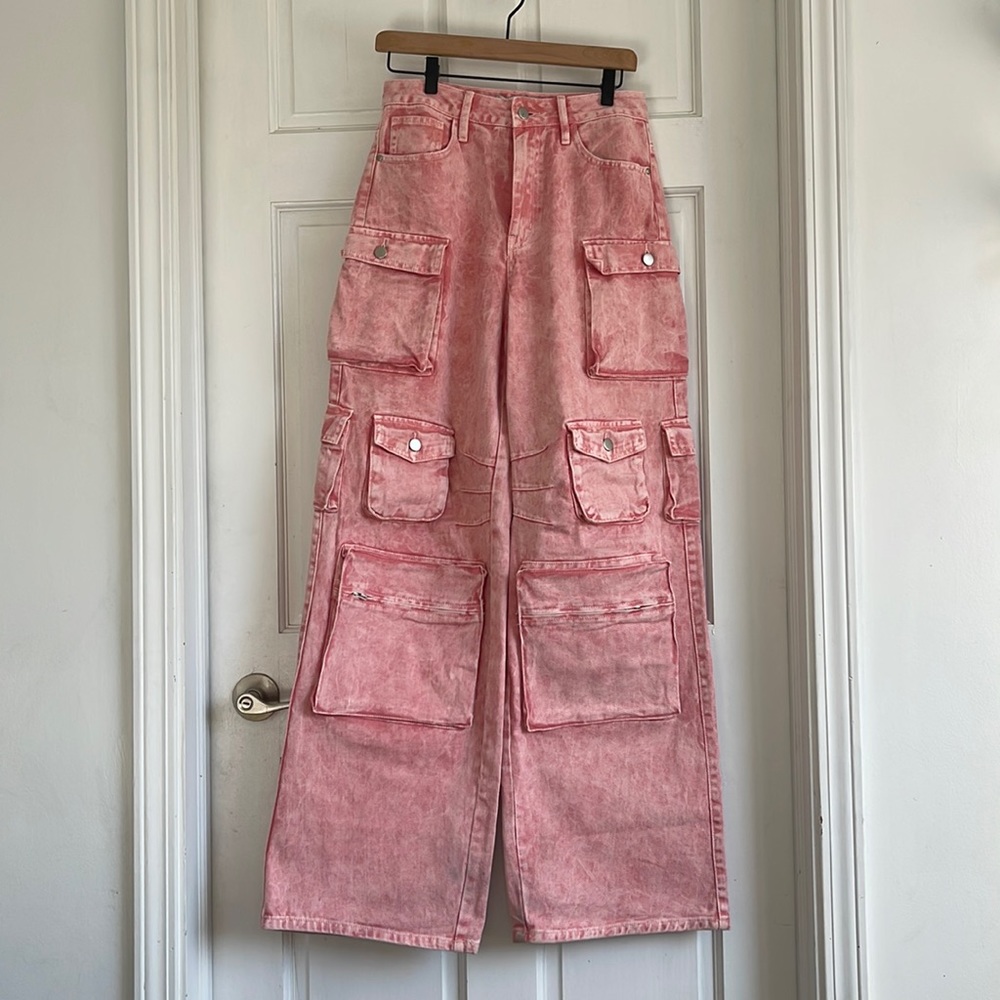 Fashion Nova Pink Acid Wash Cargo Denim